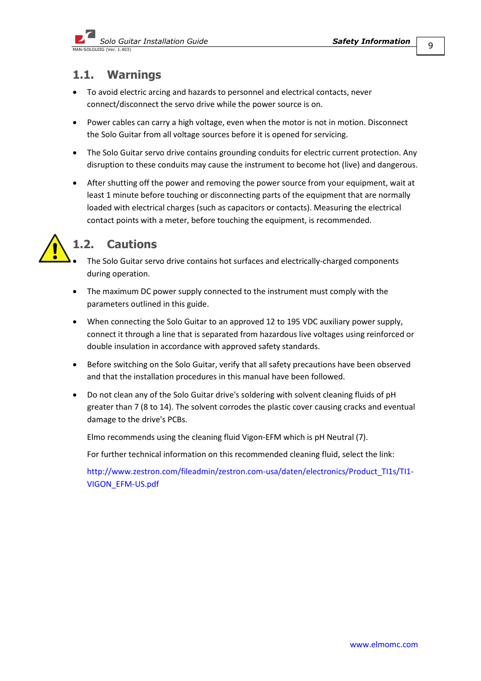 Warnings, Cautions, Warnings 1.2. cautions | ElmoMC SimplIQ Digital Servo Drives-Solo Guitar Installation Guide User Manual | Page 9 / 73