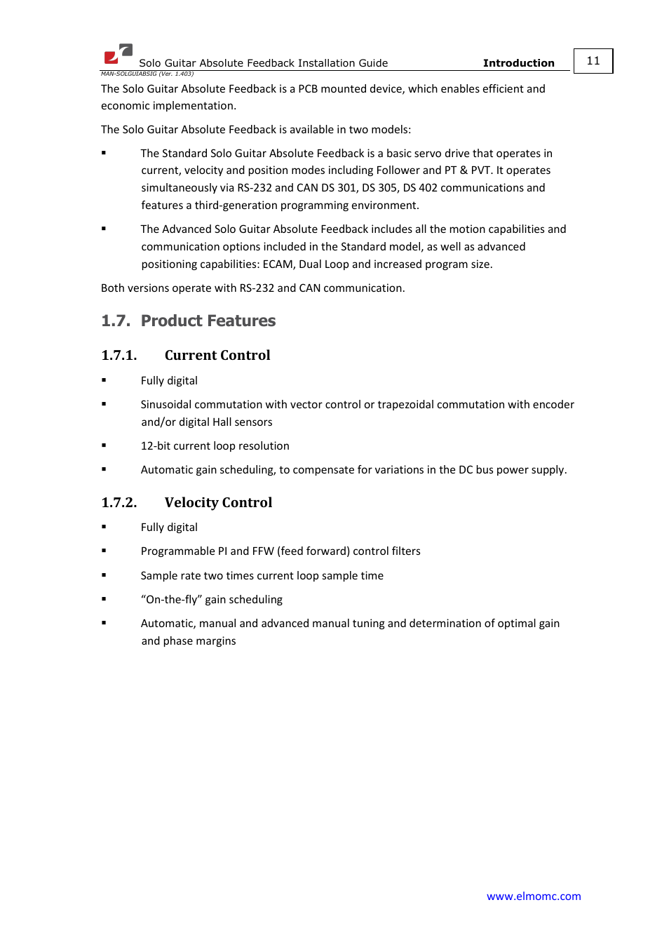 Product features, Current control, Velocity control | Current control 1.7.2. velocity control | ElmoMC SimplIQ Digital Servo Drives-Solo Guitar ABS Installation Guide User Manual | Page 11 / 64
