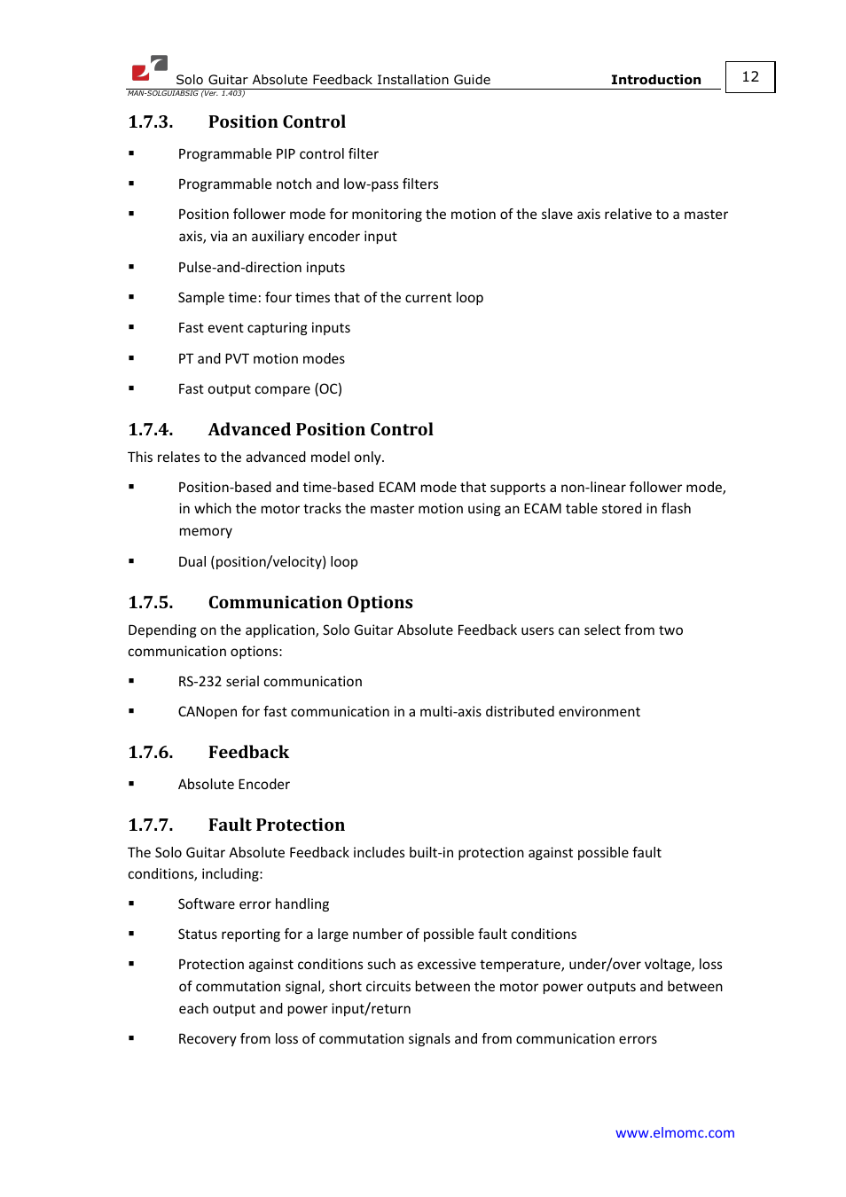 Position control, Advanced position control, Communication options | Feedback, Fault protection | ElmoMC SimplIQ Digital Servo Drives-Solo Guitar ABS Installation Guide User Manual | Page 12 / 64