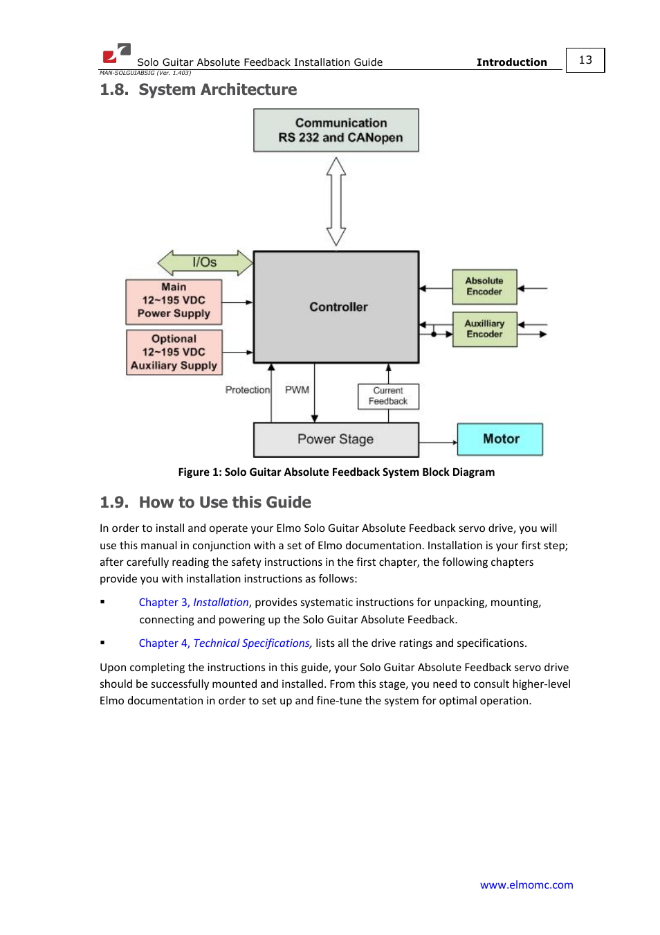 System architecture, How to use this guide, System architecture 1.9. how to use this guide | ElmoMC SimplIQ Digital Servo Drives-Solo Guitar ABS Installation Guide User Manual | Page 13 / 64