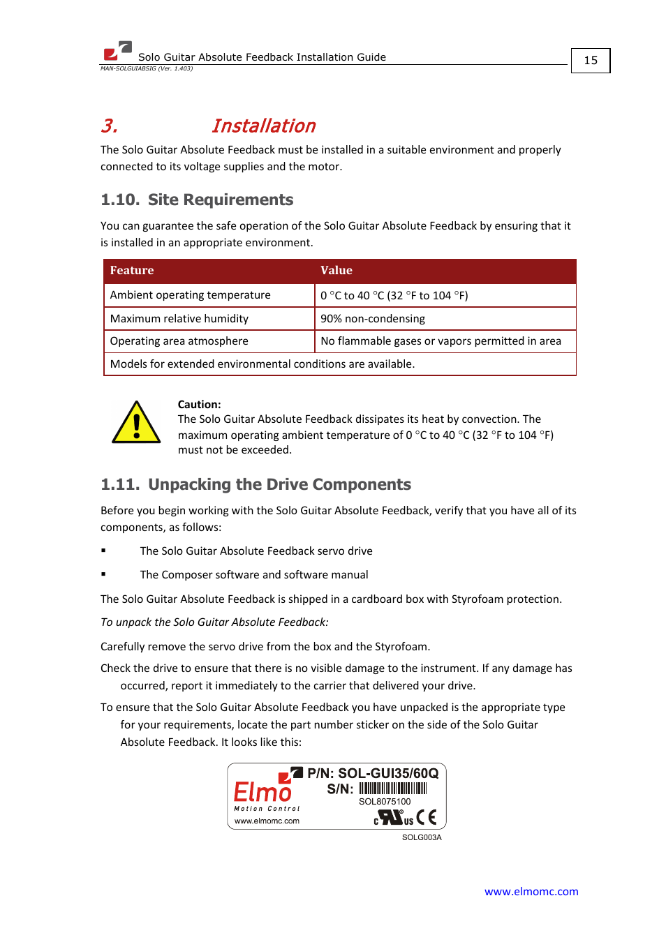 Installation, Site requirements, Unpacking the drive components | ElmoMC SimplIQ Digital Servo Drives-Solo Guitar ABS Installation Guide User Manual | Page 15 / 64