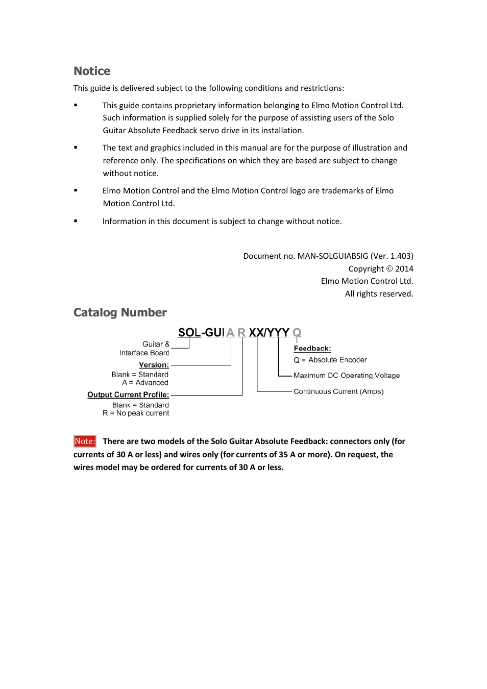 Notice, Catalog number | ElmoMC SimplIQ Digital Servo Drives-Solo Guitar ABS Installation Guide User Manual | Page 2 / 64
