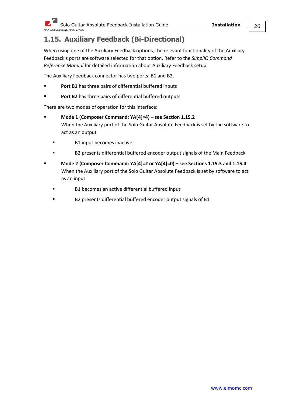 Auxiliary feedback (bi-directional) | ElmoMC SimplIQ Digital Servo Drives-Solo Guitar ABS Installation Guide User Manual | Page 26 / 64