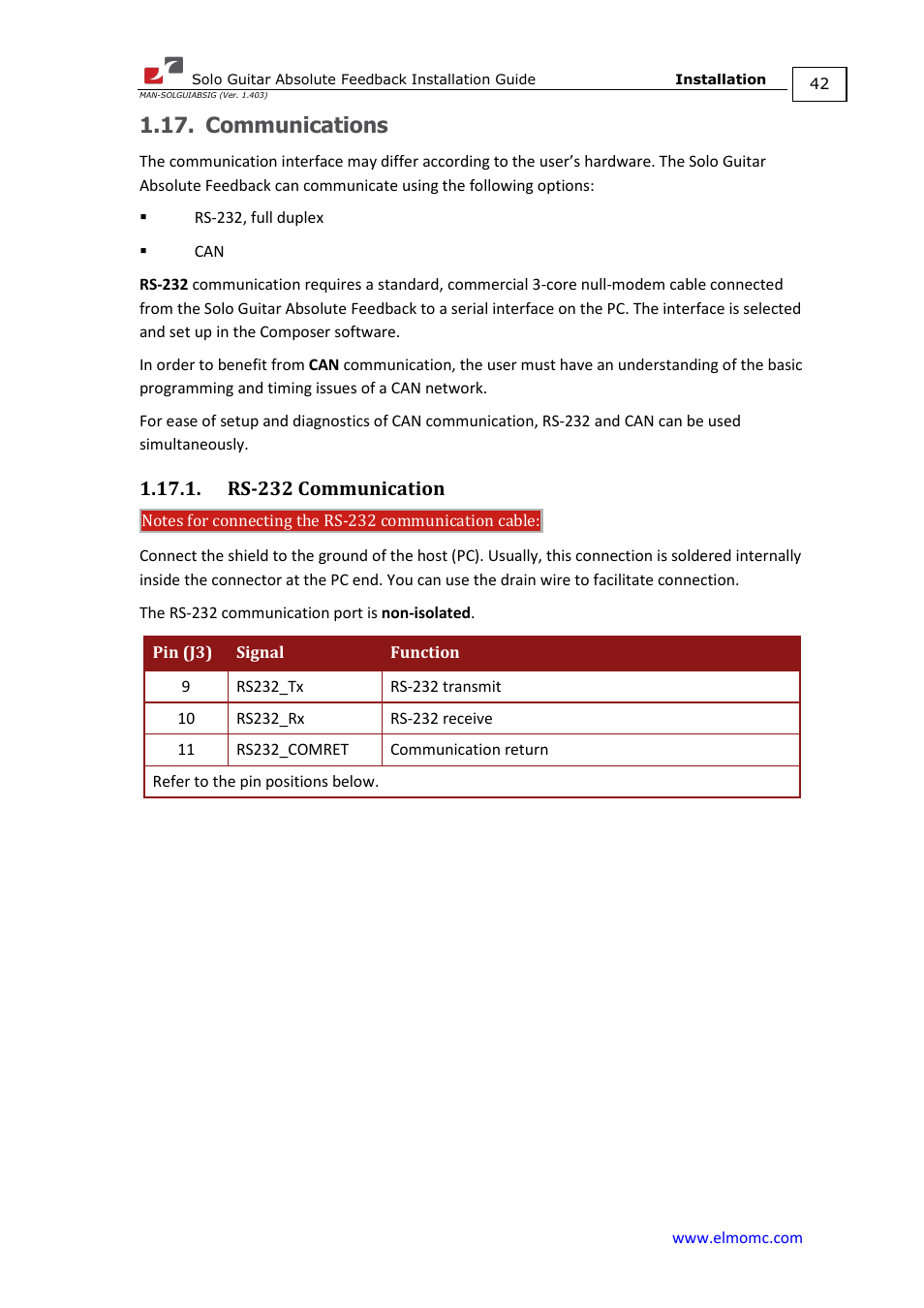 Communications, Rs-232 communication | ElmoMC SimplIQ Digital Servo Drives-Solo Guitar ABS Installation Guide User Manual | Page 42 / 64