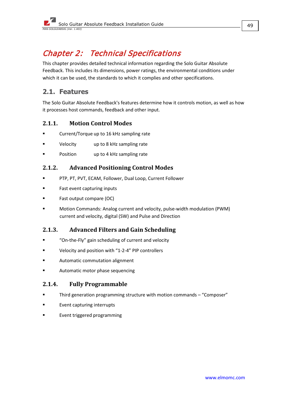 Chapter 2: technical specifications, Features, Motion control modes | Advanced positioning control modes, Advanced filters and gain scheduling, Fully programmable, Chapter 2, Technical specifications | ElmoMC SimplIQ Digital Servo Drives-Solo Guitar ABS Installation Guide User Manual | Page 49 / 64