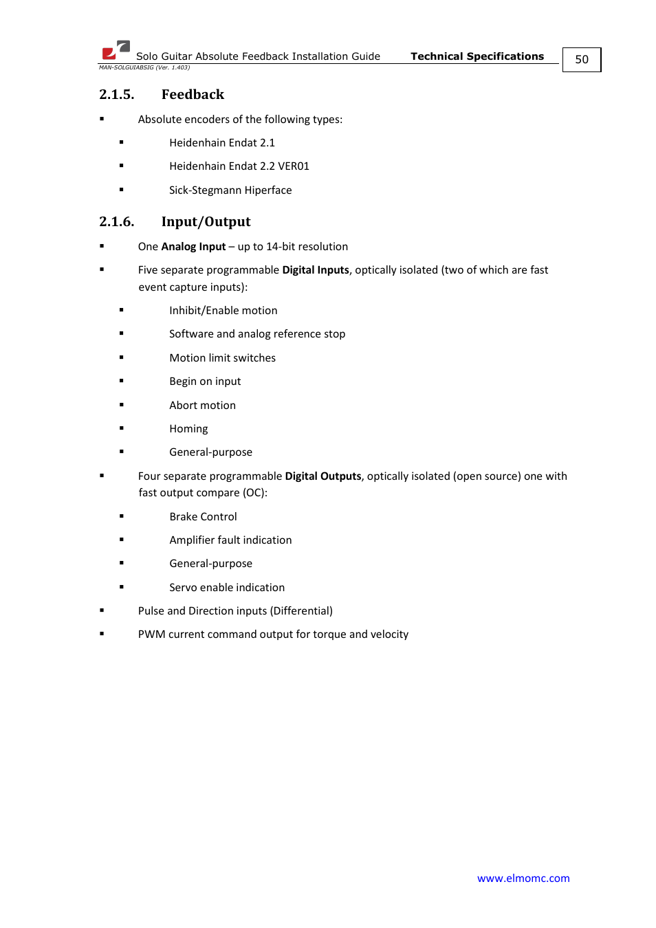 Feedback, Input/output, Feedback 2.1.6. input/output | ElmoMC SimplIQ Digital Servo Drives-Solo Guitar ABS Installation Guide User Manual | Page 50 / 64