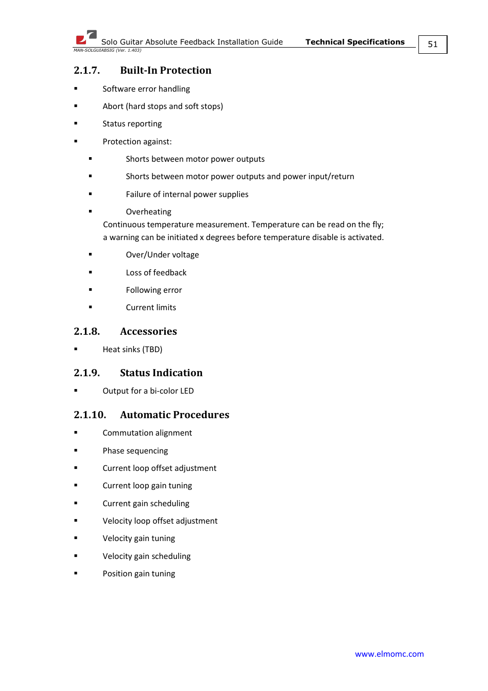 Built-in protection, Accessories, Status indication | Automatic procedures | ElmoMC SimplIQ Digital Servo Drives-Solo Guitar ABS Installation Guide User Manual | Page 51 / 64