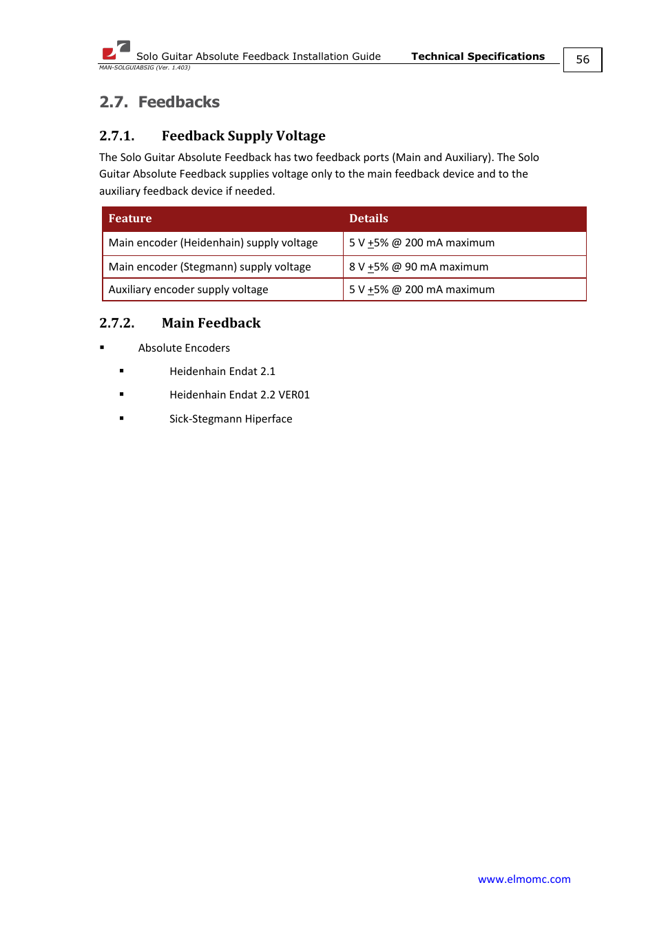 Feedbacks, Feedback supply voltage, Main feedback | Feedback supply voltage 2.7.2. main feedback | ElmoMC SimplIQ Digital Servo Drives-Solo Guitar ABS Installation Guide User Manual | Page 56 / 64