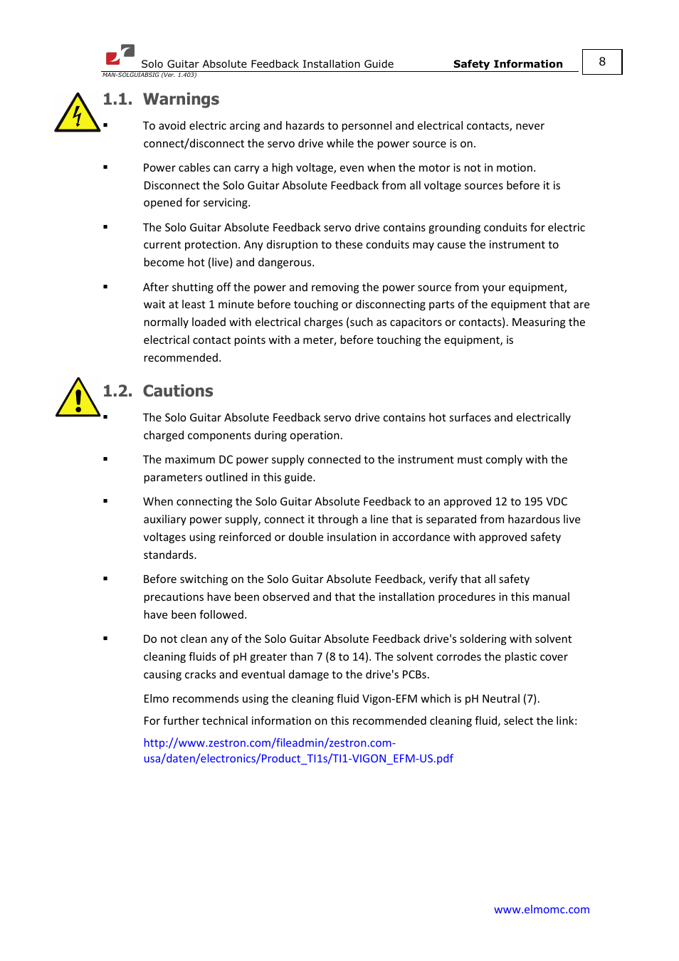 Warnings, Cautions, Warnings 1.2. cautions | ElmoMC SimplIQ Digital Servo Drives-Solo Guitar ABS Installation Guide User Manual | Page 8 / 64