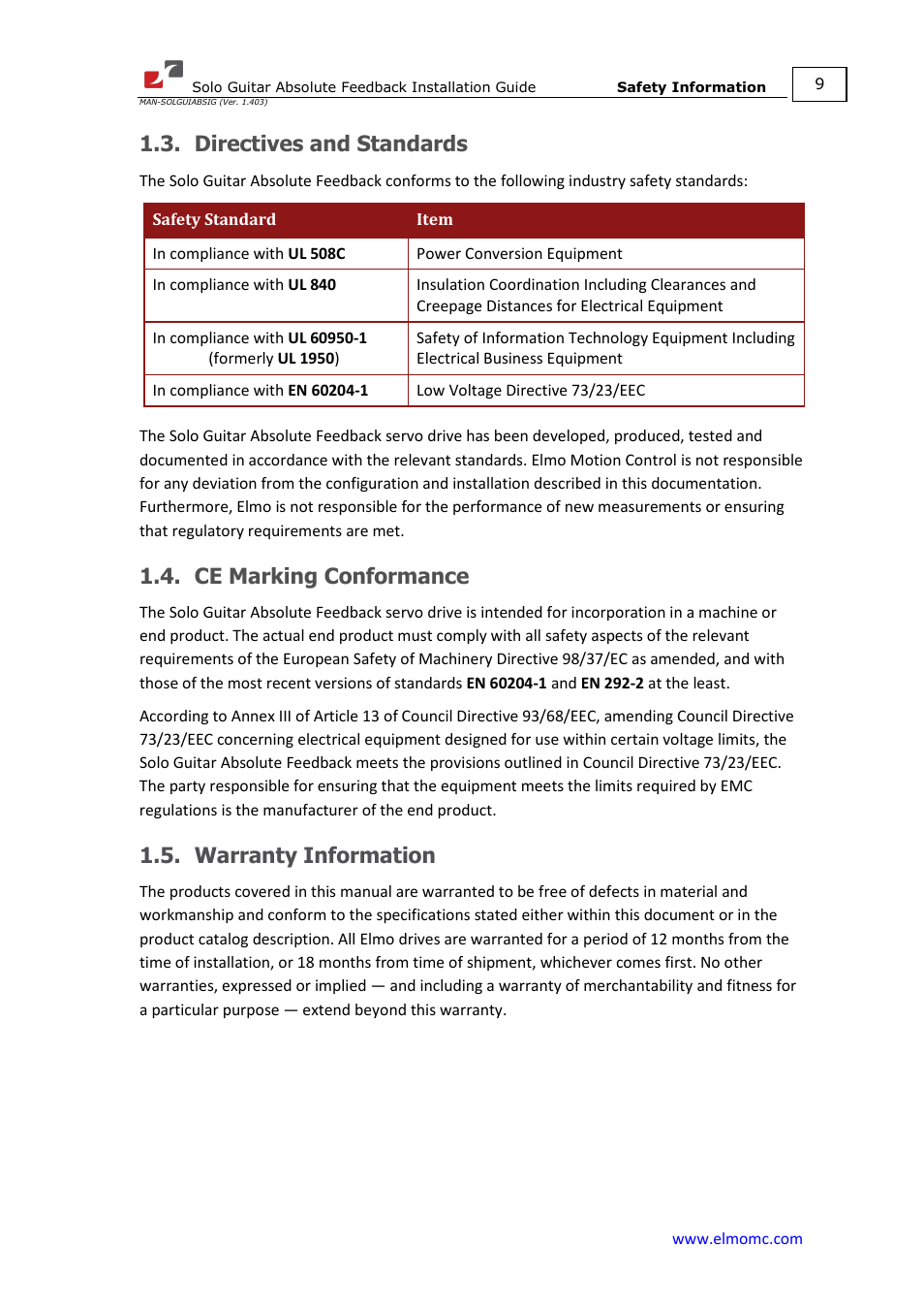 Directives and standards, Ce marking conformance, Warranty information | ElmoMC SimplIQ Digital Servo Drives-Solo Guitar ABS Installation Guide User Manual | Page 9 / 64