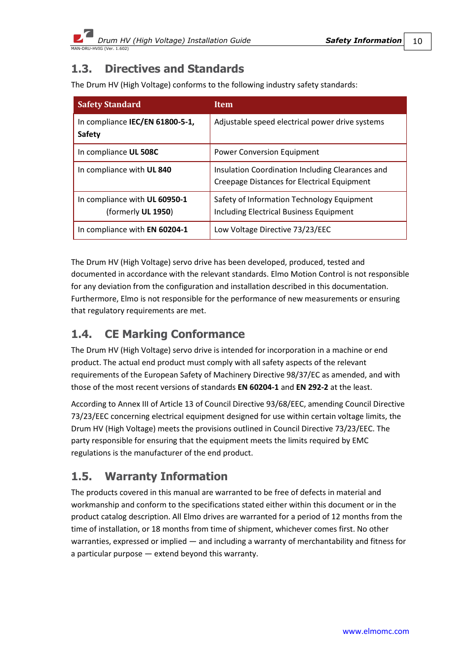 Directives and standards, Ce marking conformance, Warranty information | ElmoMC SimplIQ Digital Servo Drives-Drum HV User Manual | Page 10 / 84