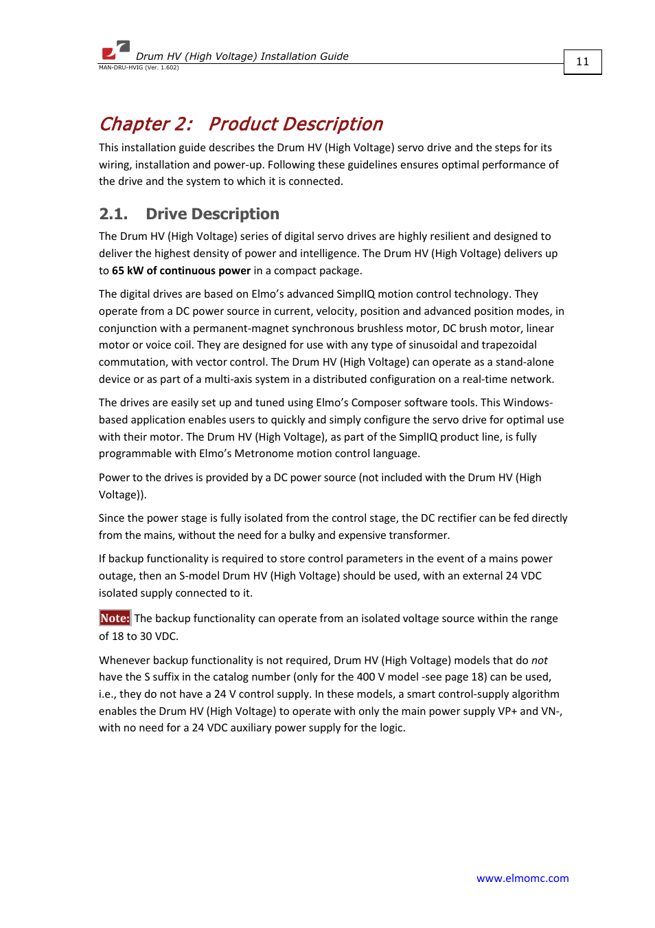 Chapter 2: product description, Drive description, Chapter 2 | Product description | ElmoMC SimplIQ Digital Servo Drives-Drum HV User Manual | Page 11 / 84