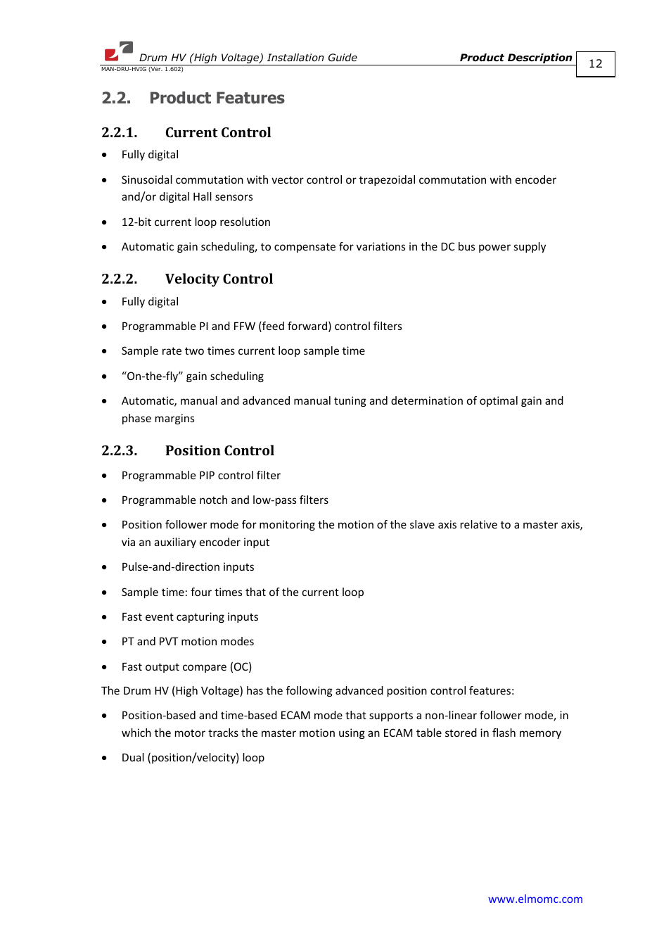Product features, Current control, Velocity control | Position control | ElmoMC SimplIQ Digital Servo Drives-Drum HV User Manual | Page 12 / 84