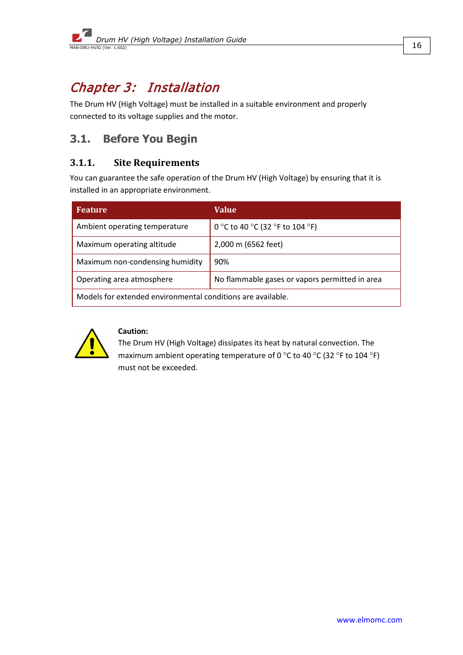 Chapter 3: installation, Before you begin, Site requirements | Chapter 3, Installation | ElmoMC SimplIQ Digital Servo Drives-Drum HV User Manual | Page 16 / 84