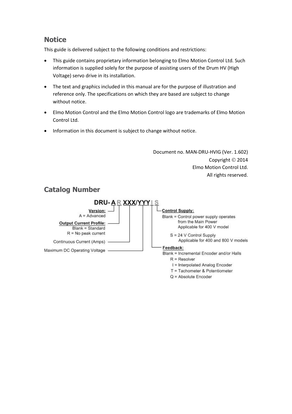 Notice, Catalog number | ElmoMC SimplIQ Digital Servo Drives-Drum HV User Manual | Page 2 / 84