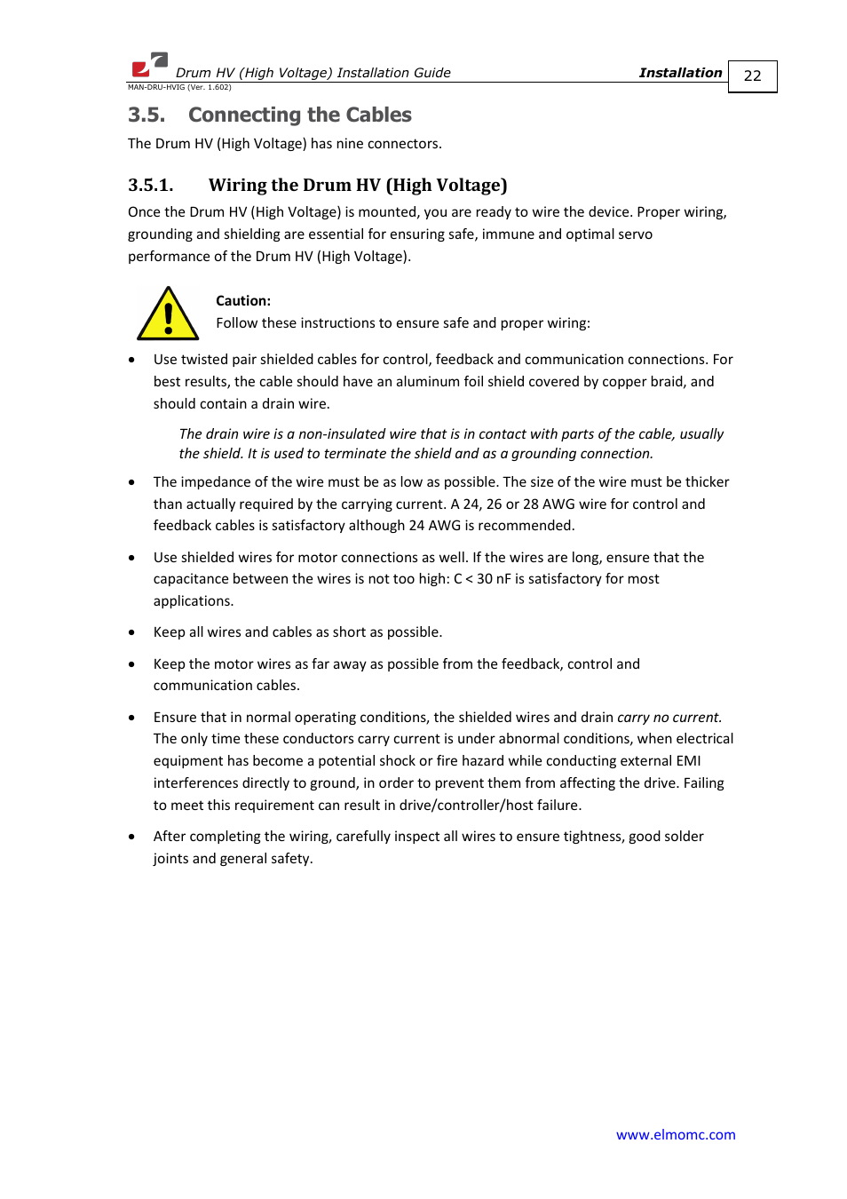 Connecting the cables, Wiring the drum hv (high voltage) | ElmoMC SimplIQ Digital Servo Drives-Drum HV User Manual | Page 22 / 84