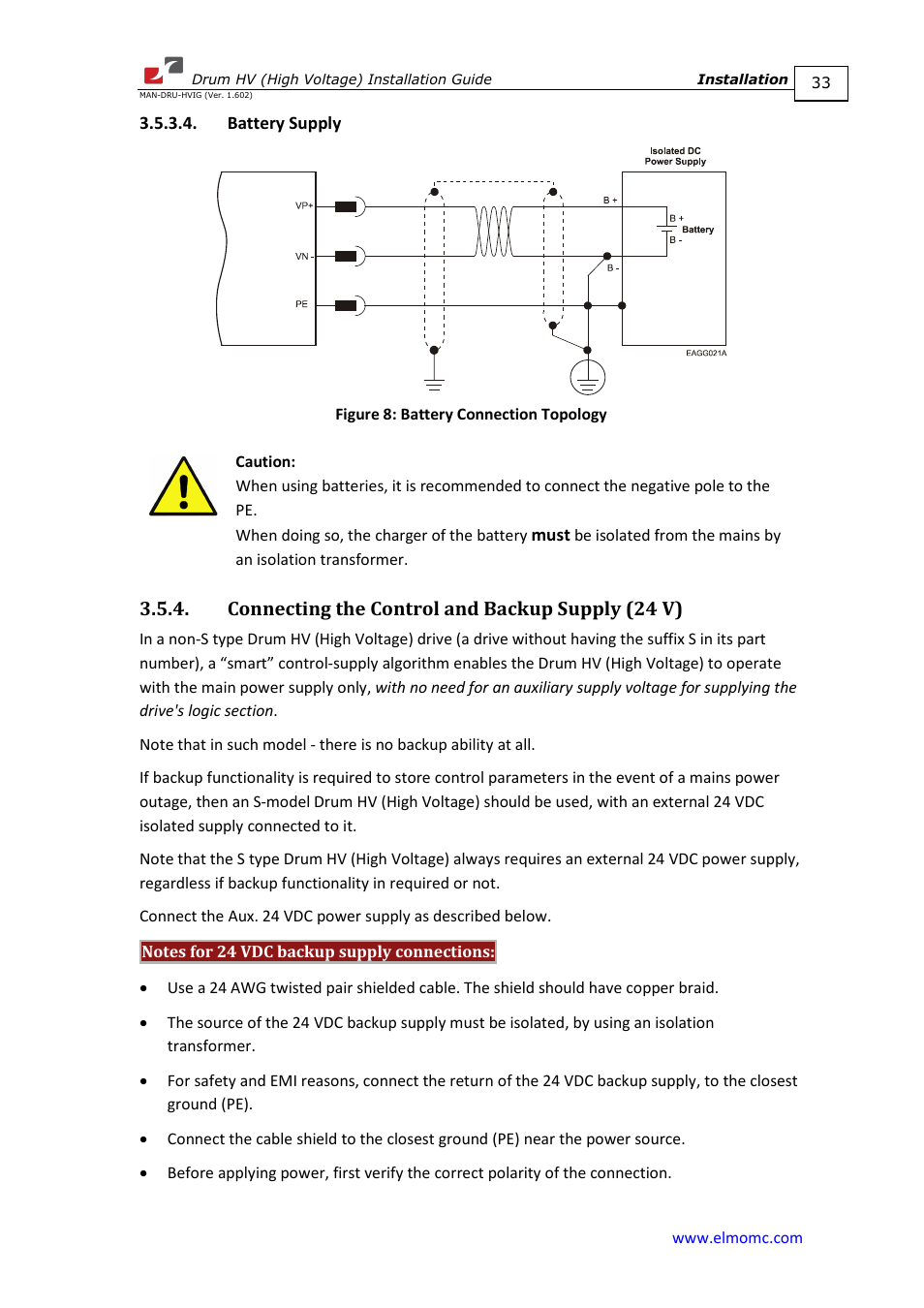 Battery supply, Connecting the control and backup supply (24 v) | ElmoMC SimplIQ Digital Servo Drives-Drum HV User Manual | Page 33 / 84