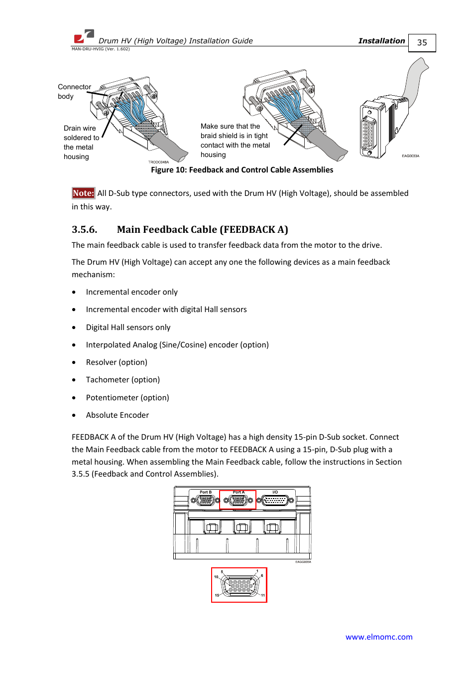 Main feedback cable (feedback a) | ElmoMC SimplIQ Digital Servo Drives-Drum HV User Manual | Page 35 / 84