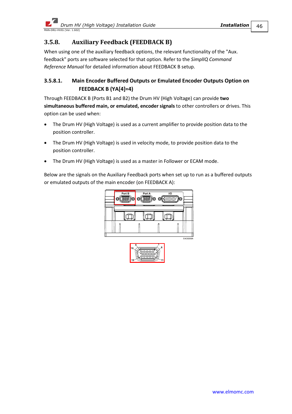 Auxiliary feedback (feedback b), Option on feedback b (ya[4]=4) | ElmoMC SimplIQ Digital Servo Drives-Drum HV User Manual | Page 46 / 84