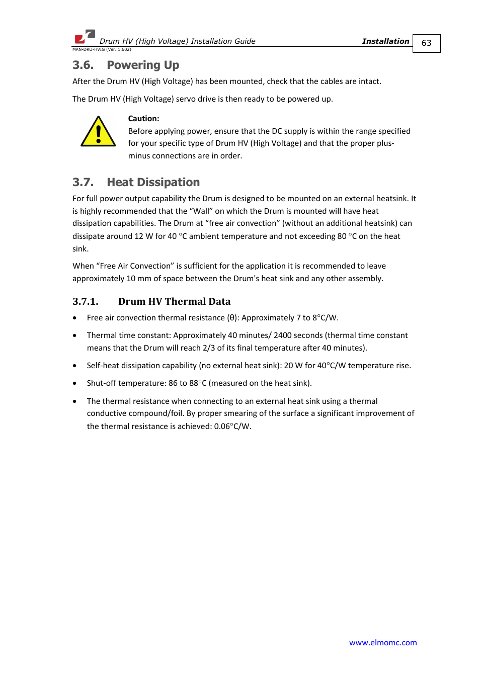 Powering up, Heat dissipation, Drum hv thermal data | Powering up 3.7. heat dissipation | ElmoMC SimplIQ Digital Servo Drives-Drum HV User Manual | Page 63 / 84