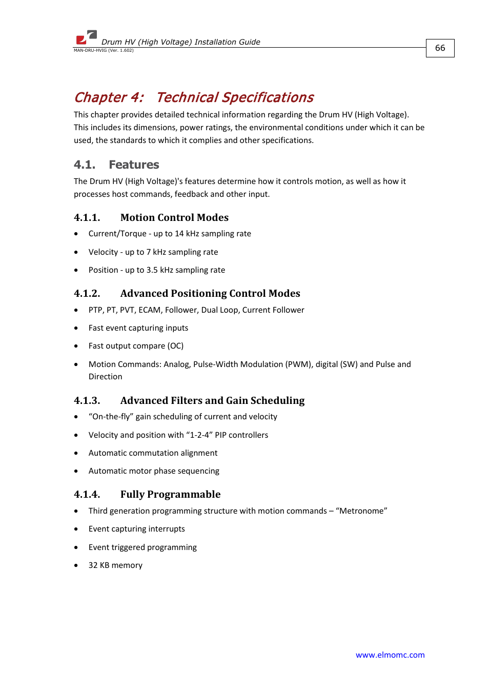 Chapter 4: technical specifications, Features, Motion control modes | Advanced positioning control modes, Advanced filters and gain scheduling, Fully programmable, Chapter 4, Technical specifications | ElmoMC SimplIQ Digital Servo Drives-Drum HV User Manual | Page 66 / 84