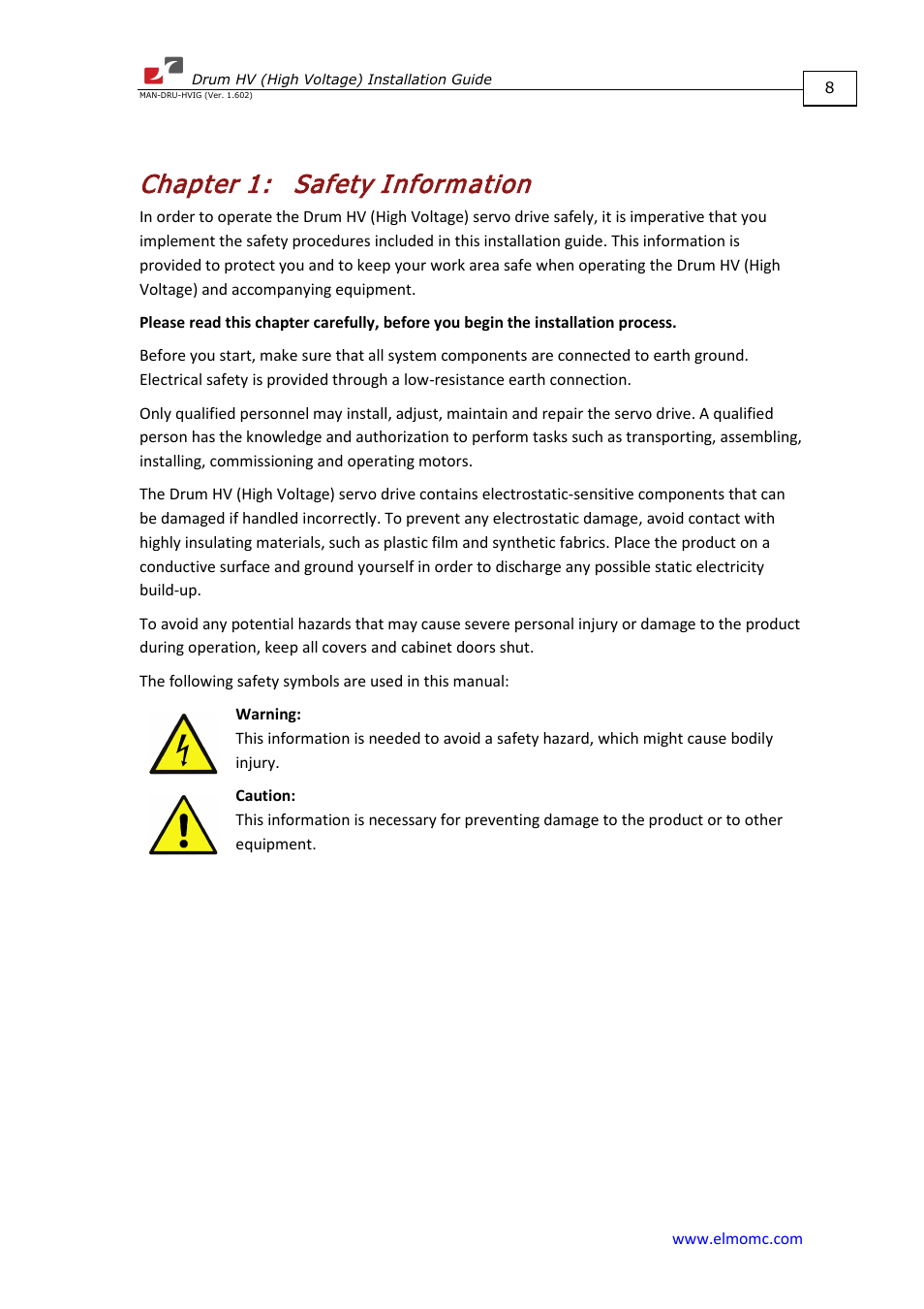 Chapter 1: safety information, Chapter 1, Safety information | ElmoMC SimplIQ Digital Servo Drives-Drum HV User Manual | Page 8 / 84