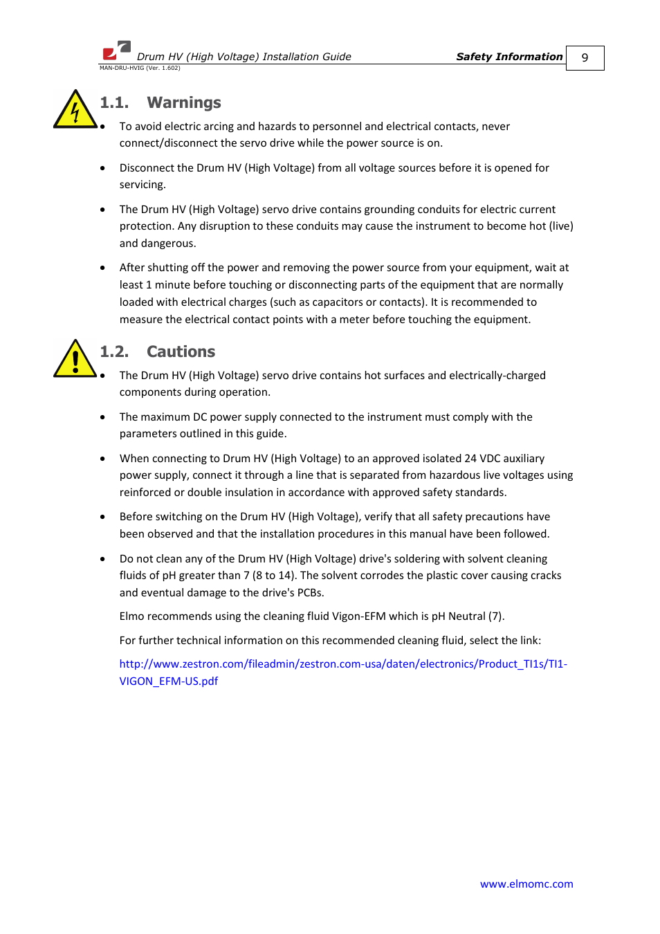 Warnings, Cautions, Warnings 1.2. cautions | ElmoMC SimplIQ Digital Servo Drives-Drum HV User Manual | Page 9 / 84