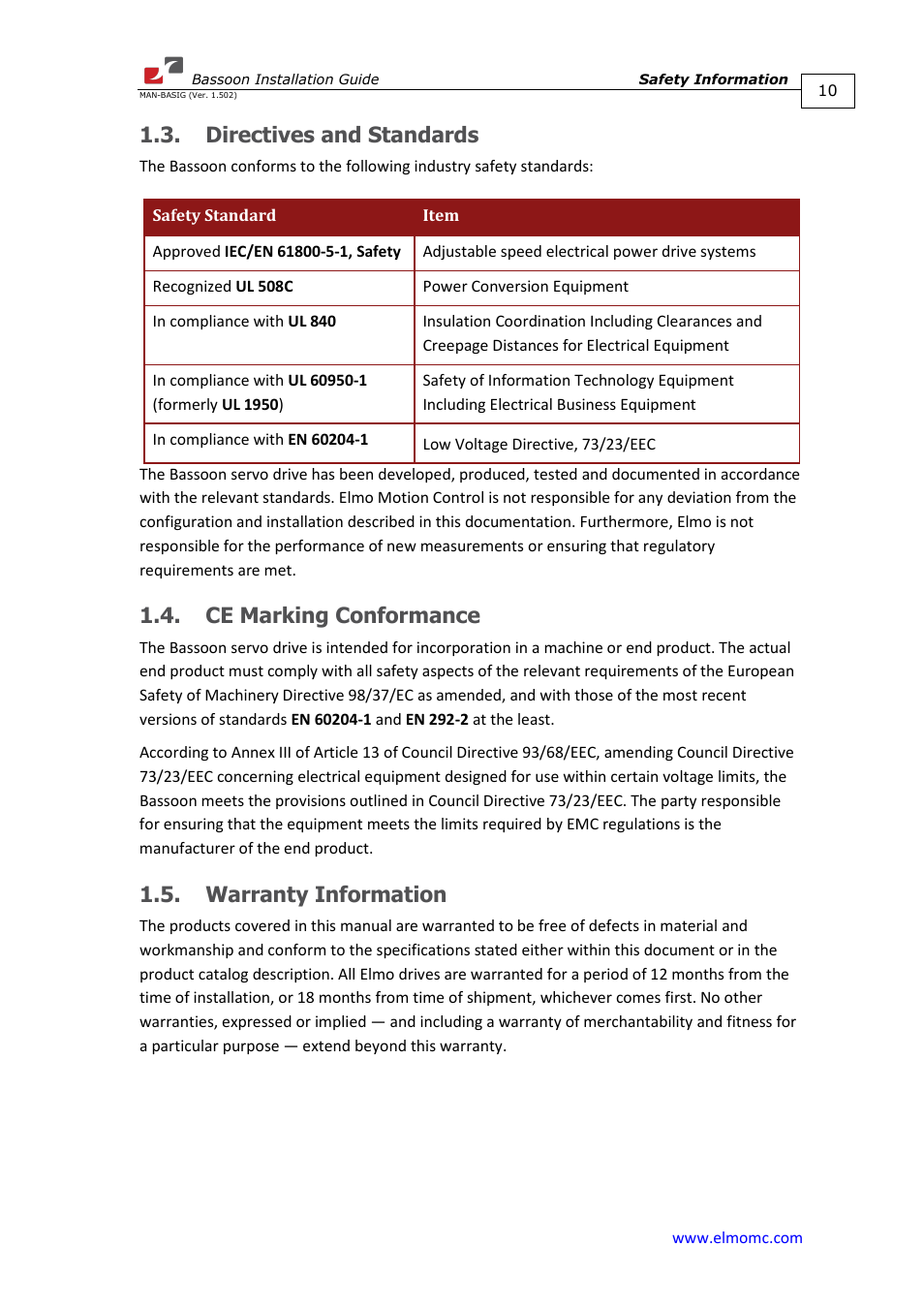Directives and standards, Ce marking conformance, Warranty information | ElmoMC AC Input Digital Servo Drives-Bassoon User Manual | Page 10 / 69