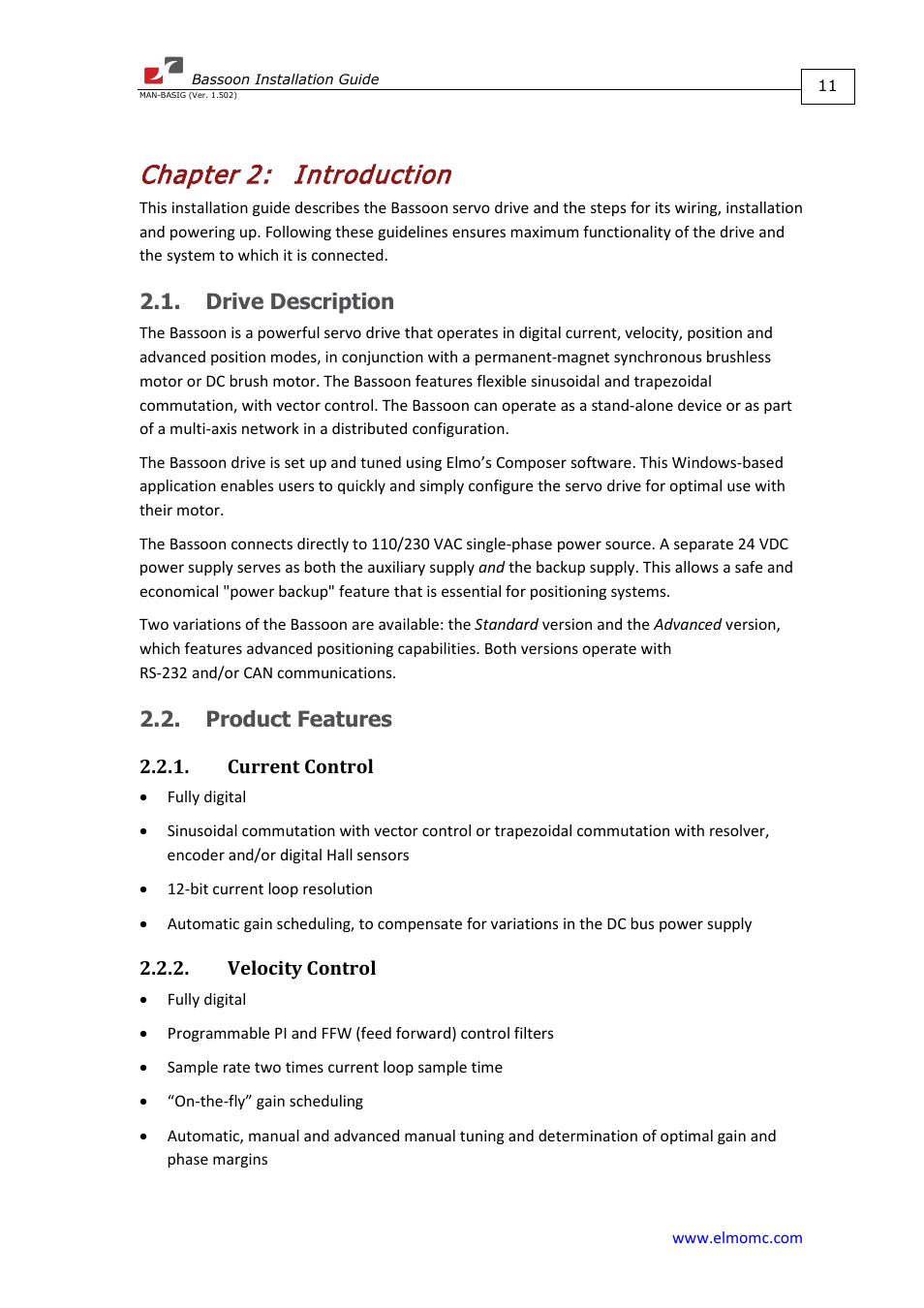 Chapter 2: introduction, Drive description, Product features | Current control, Velocity control, Chapter 2, Introduction, Drive description 2.2. product features, Current control 2.2.2. velocity control | ElmoMC AC Input Digital Servo Drives-Bassoon User Manual | Page 11 / 69