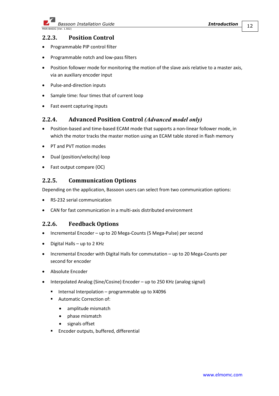 Position control, Advanced position control (advanced model only), Communication options | Feedback options | ElmoMC AC Input Digital Servo Drives-Bassoon User Manual | Page 12 / 69