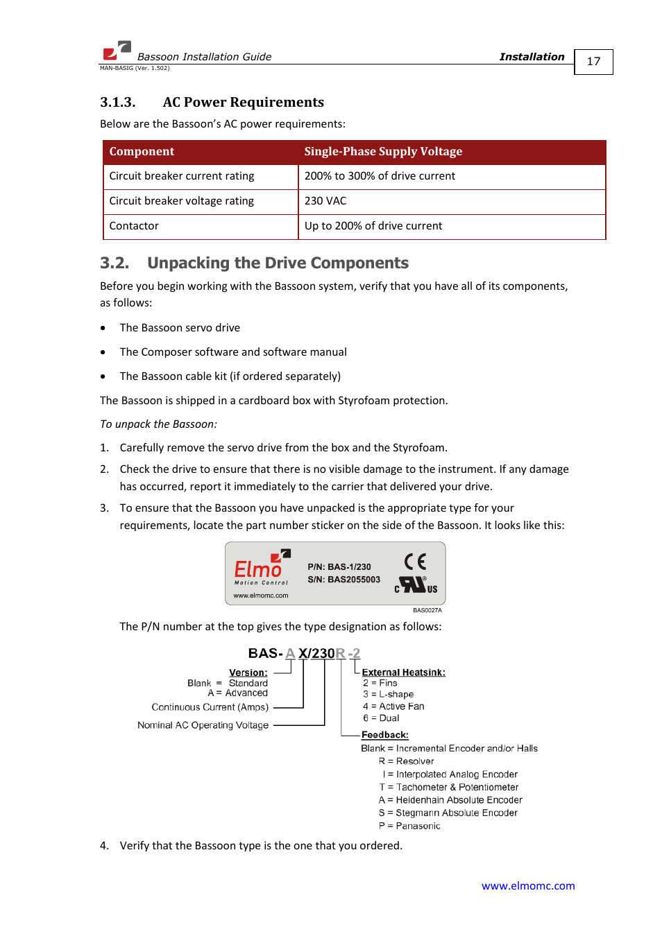 Ac power requirements, Unpacking the drive components | ElmoMC AC Input Digital Servo Drives-Bassoon User Manual | Page 17 / 69