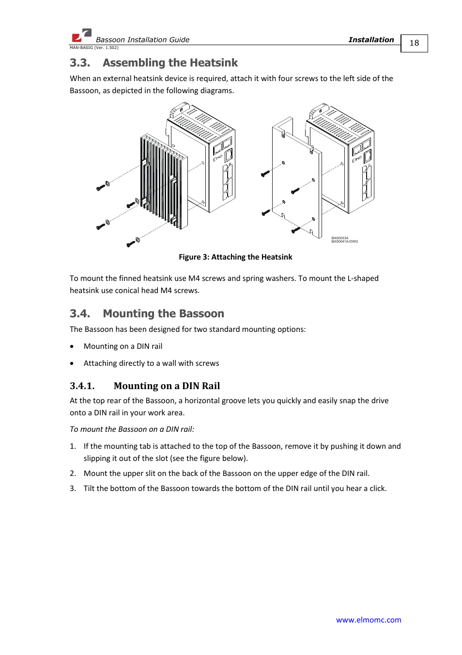 Assembling the heatsink, Mounting the bassoon, Mounting on a din rail | Assembling the heatsink 3.4. mounting the bassoon | ElmoMC AC Input Digital Servo Drives-Bassoon User Manual | Page 18 / 69