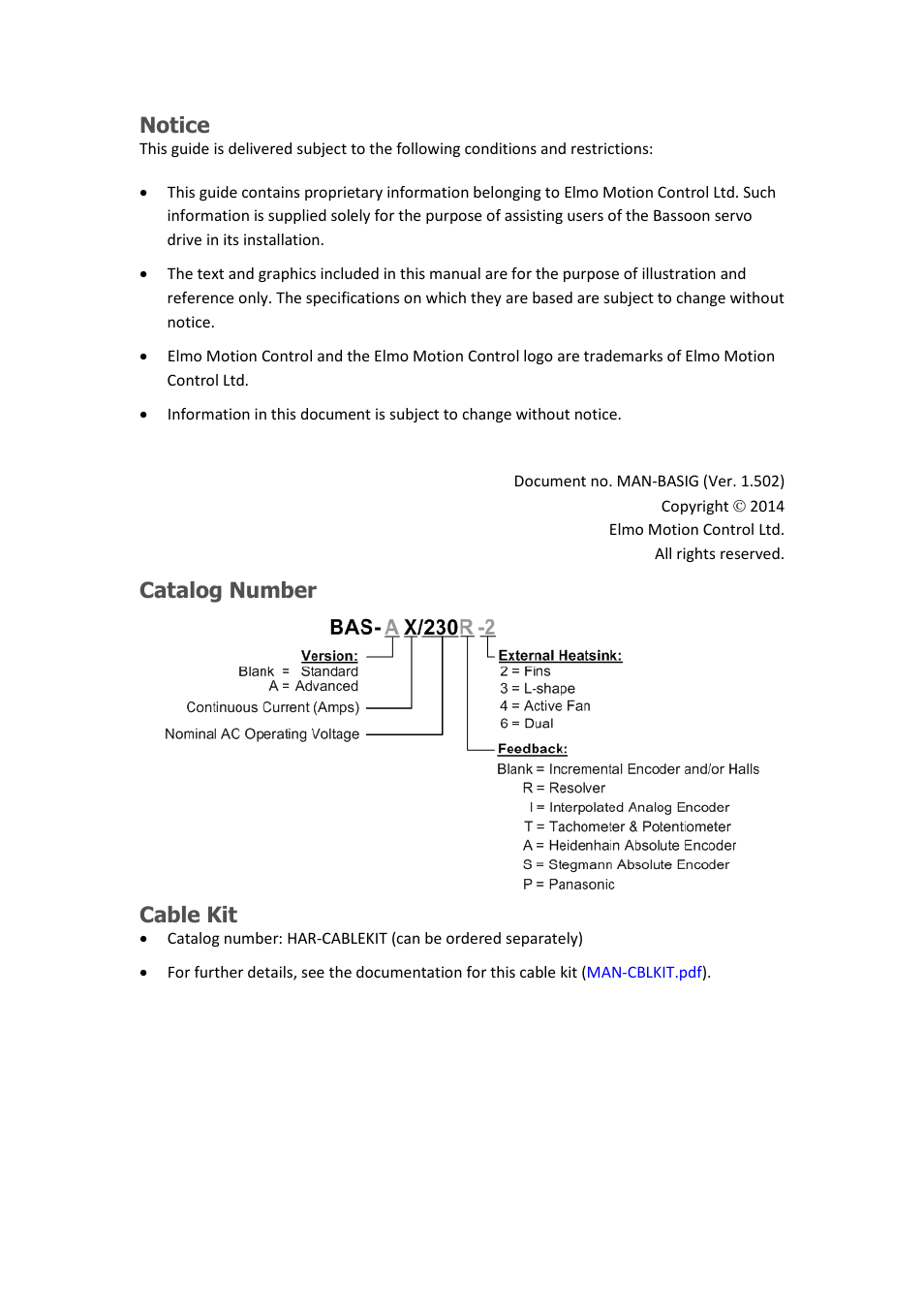 Notice, Catalog number, Cable kit | ElmoMC AC Input Digital Servo Drives-Bassoon User Manual | Page 2 / 69