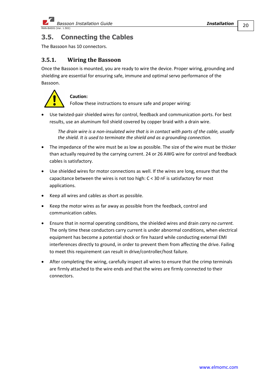 Connecting the cables, Wiring the bassoon | ElmoMC AC Input Digital Servo Drives-Bassoon User Manual | Page 20 / 69