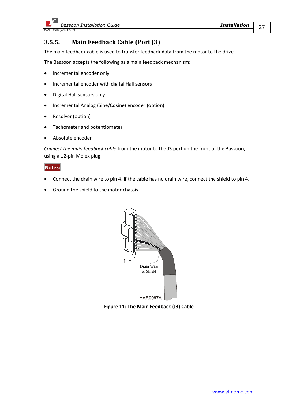 Main feedback cable (port j3) | ElmoMC AC Input Digital Servo Drives-Bassoon User Manual | Page 27 / 69