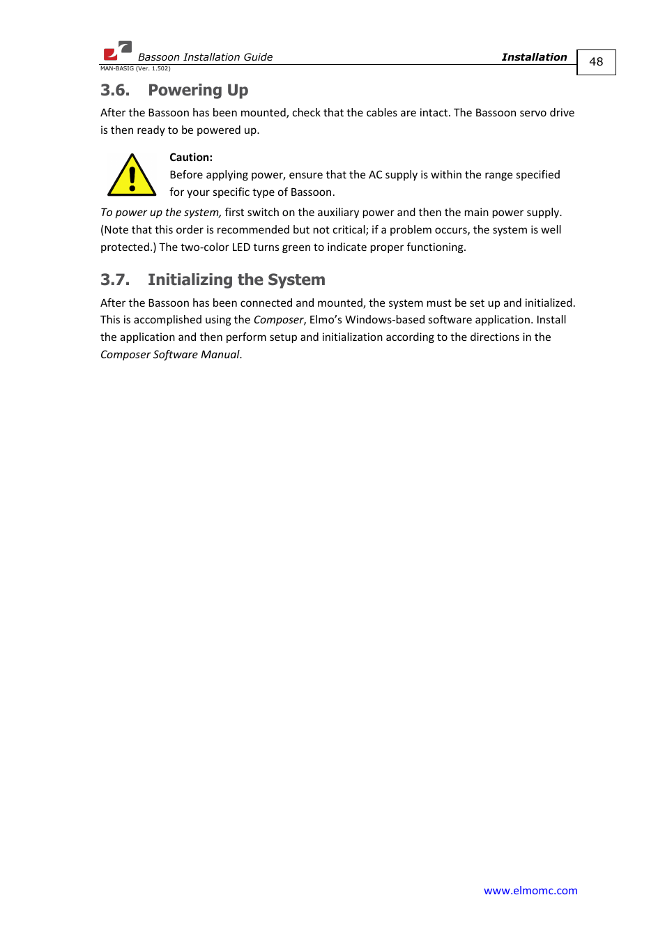 Powering up, Initializing the system, Powering up 3.7. initializing the system | ElmoMC AC Input Digital Servo Drives-Bassoon User Manual | Page 48 / 69
