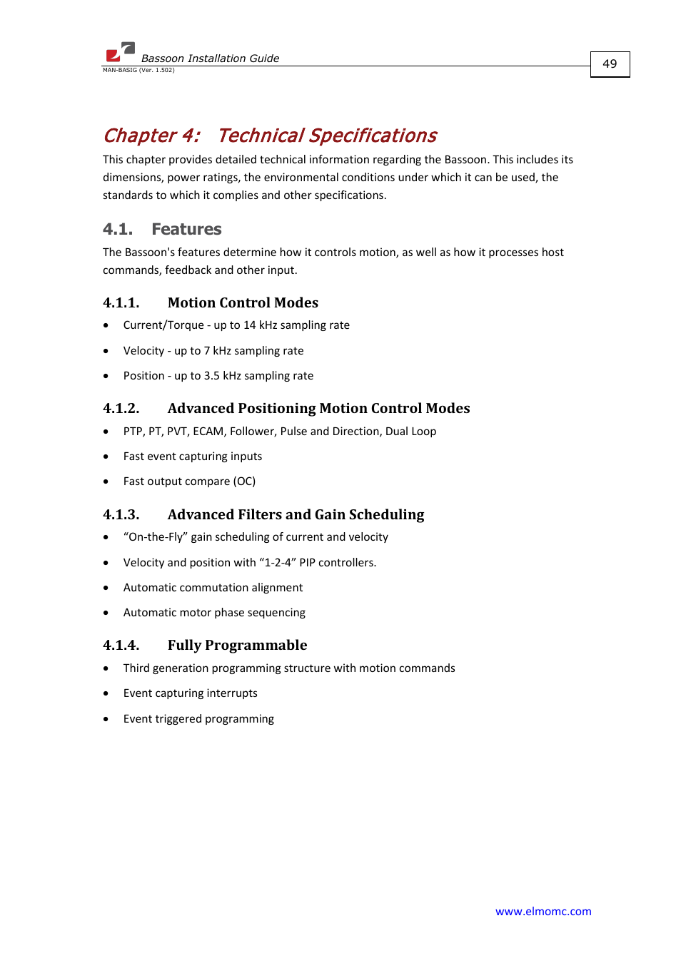 Chapter 4: technical specifications, Features, Motion control modes | Advanced positioning motion control modes, Advanced filters and gain scheduling, Fully programmable, Chapter 4, Technical specifications | ElmoMC AC Input Digital Servo Drives-Bassoon User Manual | Page 49 / 69