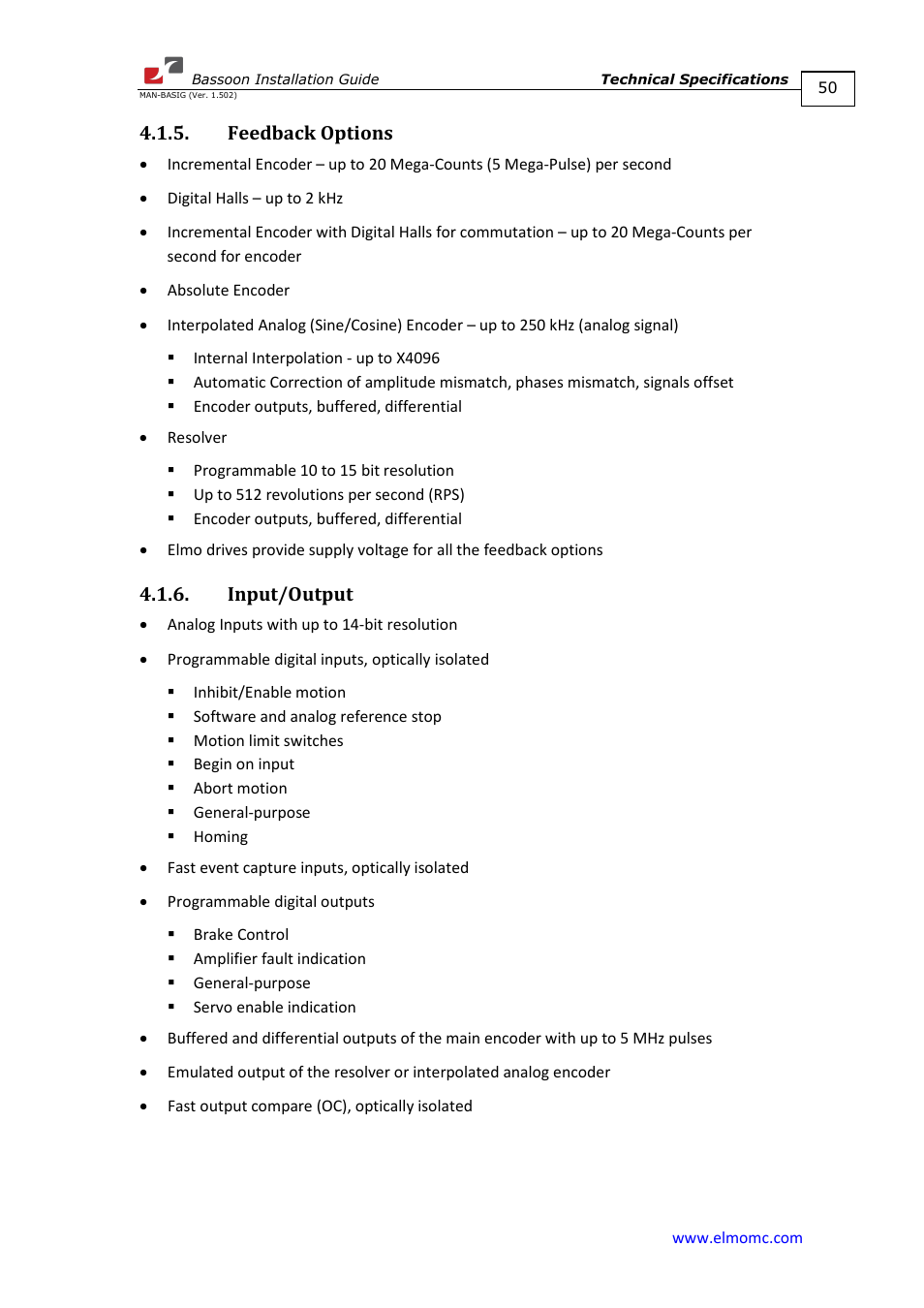 Feedback options, Input/output, Feedback options 4.1.6. input/output | ElmoMC AC Input Digital Servo Drives-Bassoon User Manual | Page 50 / 69