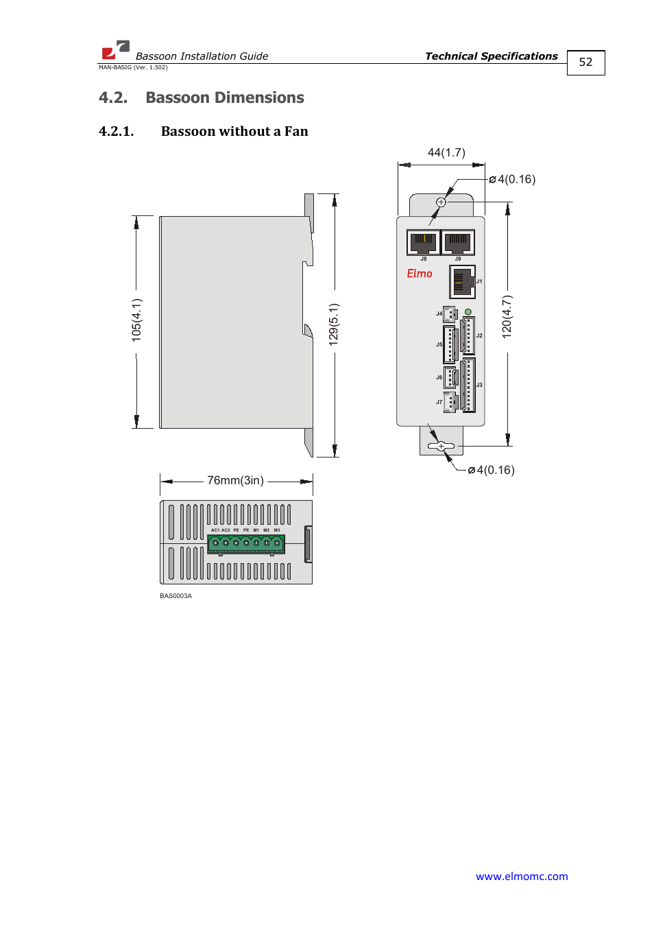 Bassoon dimensions, Bassoon without a fan, 76mm(3in) | ElmoMC AC Input Digital Servo Drives-Bassoon User Manual | Page 52 / 69