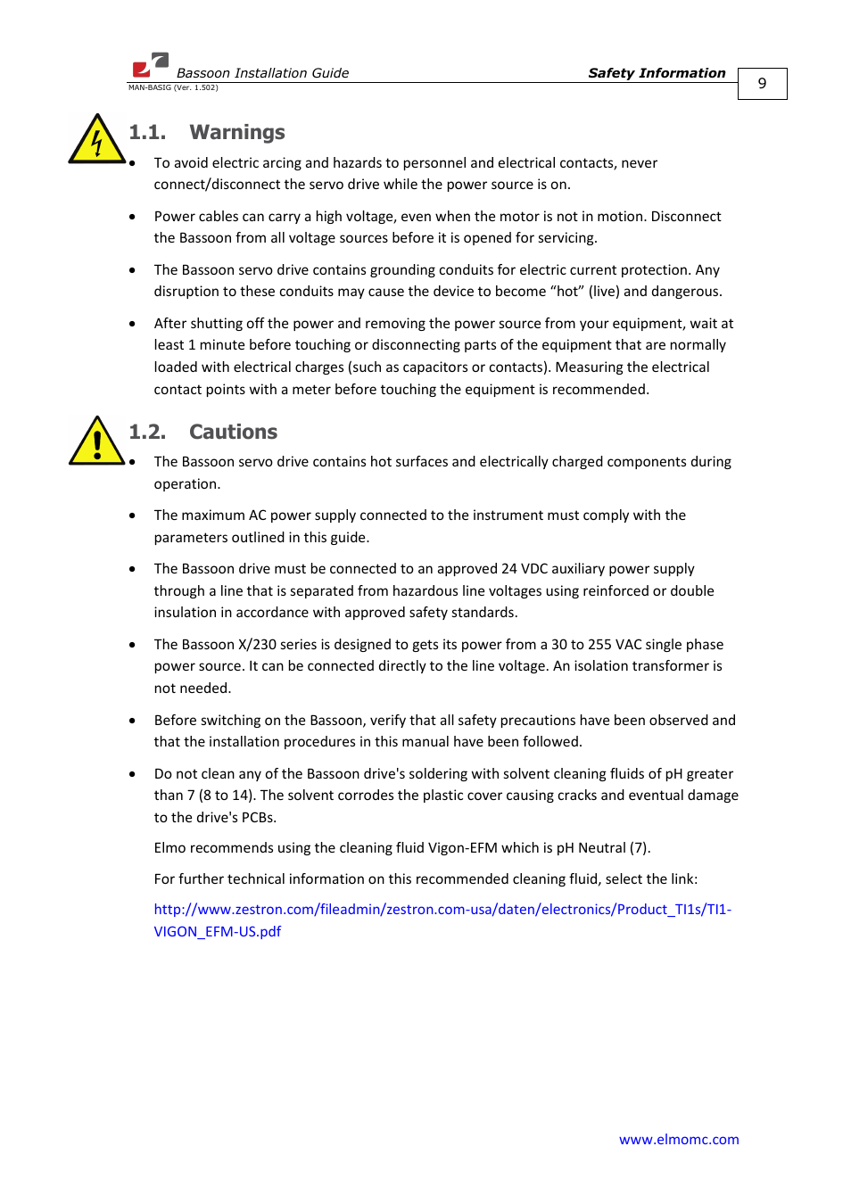 Warnings, Cautions, Warnings 1.2. cautions | ElmoMC AC Input Digital Servo Drives-Bassoon User Manual | Page 9 / 69