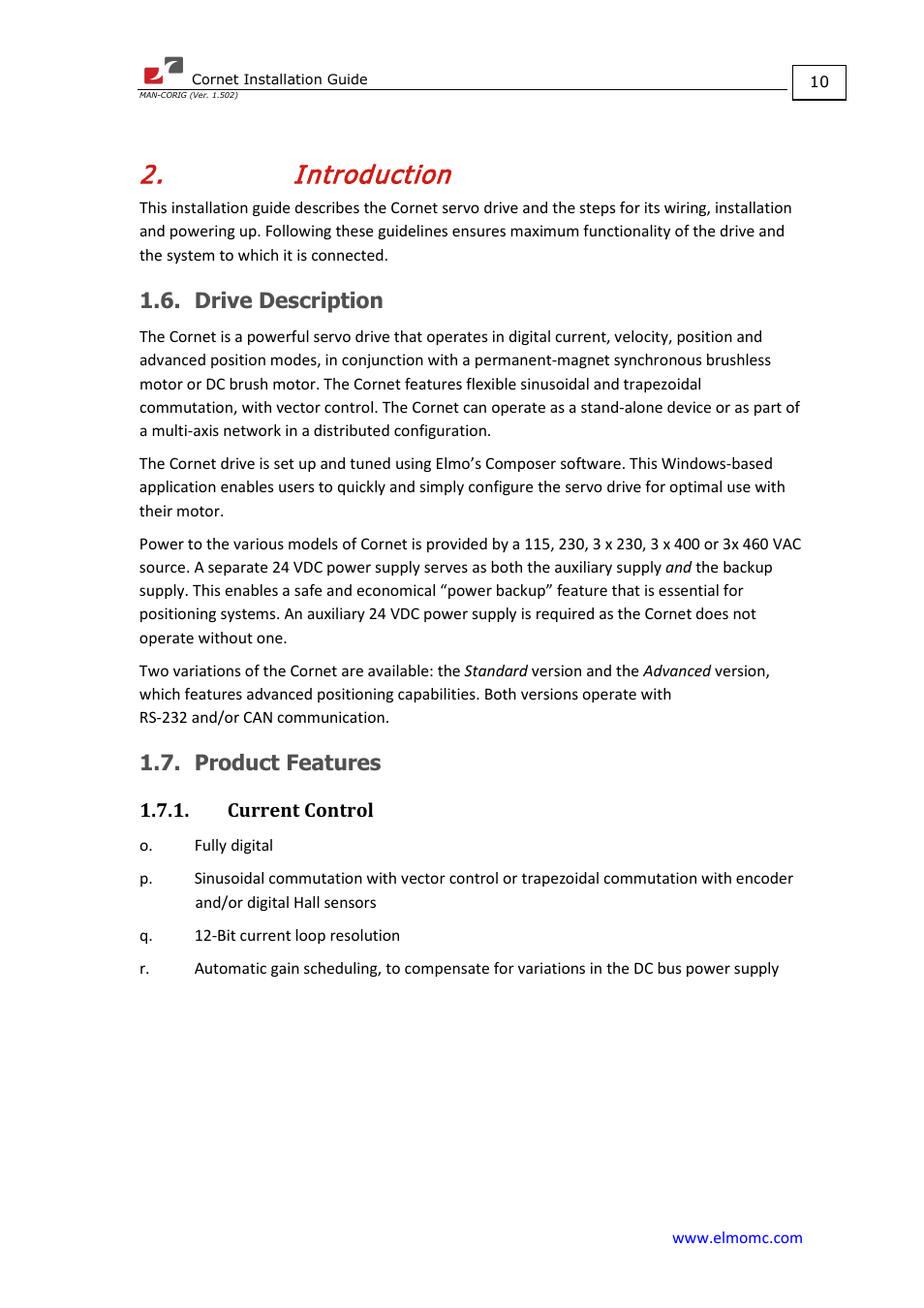 Introduction, Drive description, Product features | Current control, Drive description 1.7. product features | ElmoMC AC Input Digital Servo Drives-Bassoon Cable Kit User Manual | Page 10 / 72