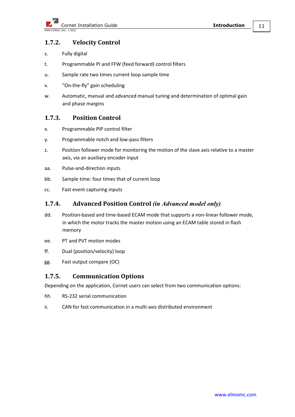 Velocity control, Position control, Advanced position control (in advanced model only) | Communication options | ElmoMC AC Input Digital Servo Drives-Bassoon Cable Kit User Manual | Page 11 / 72