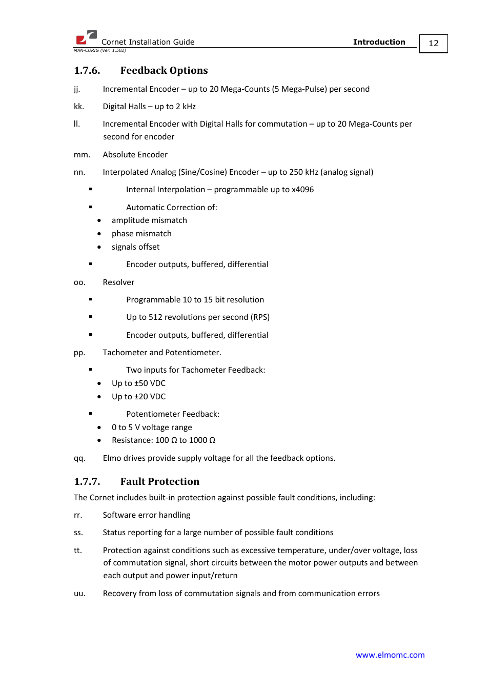 Feedback options, Fault protection, Feedback options 1.7.7. fault protection | ElmoMC AC Input Digital Servo Drives-Bassoon Cable Kit User Manual | Page 12 / 72