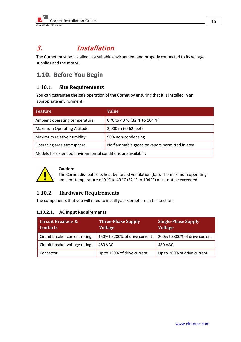 Installation, Before you begin, Site requirements | Hardware requirements, Ac input requirements, Site requirements 1.10.2. hardware requirements | ElmoMC AC Input Digital Servo Drives-Bassoon Cable Kit User Manual | Page 15 / 72
