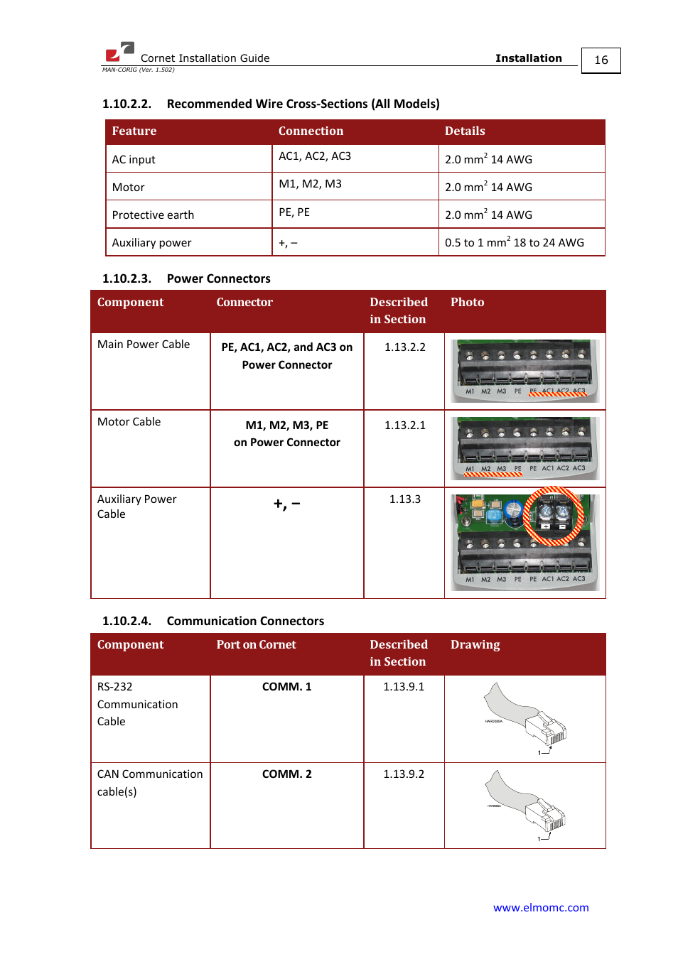 Recommended wire cross-sections (all models), Power connectors, Communication connectors | ElmoMC AC Input Digital Servo Drives-Bassoon Cable Kit User Manual | Page 16 / 72