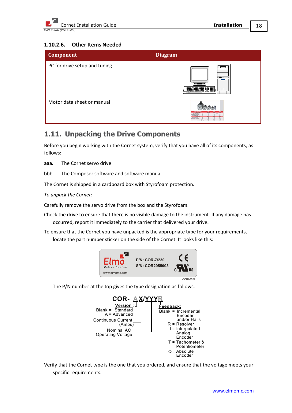 Other items needed, Unpacking the drive components, Cor- a x/yyy r | ElmoMC AC Input Digital Servo Drives-Bassoon Cable Kit User Manual | Page 18 / 72