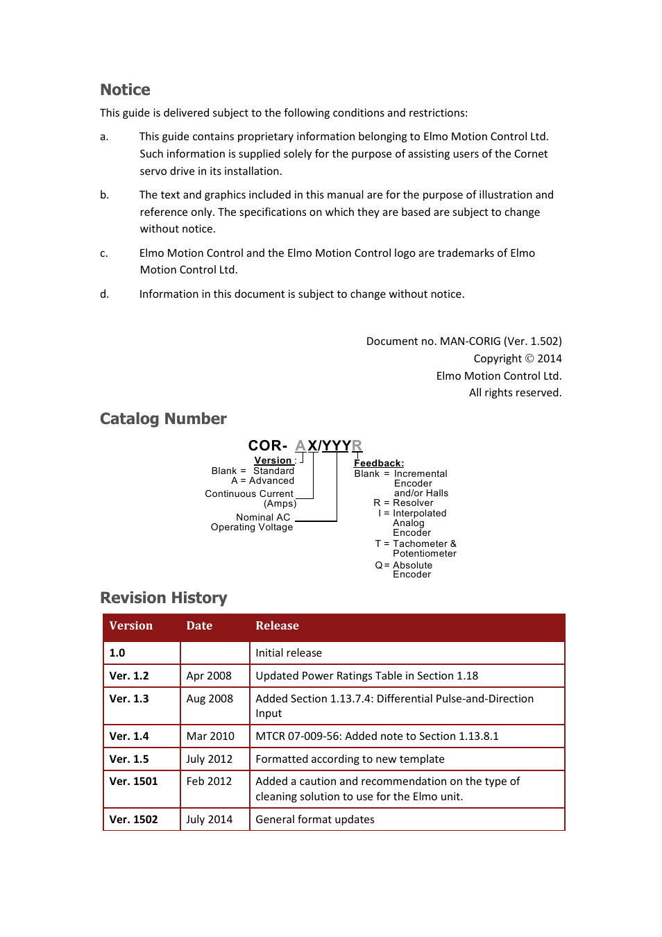 Notice, Catalog number, Revision history | Cor- a x/yyy r | ElmoMC AC Input Digital Servo Drives-Bassoon Cable Kit User Manual | Page 2 / 72