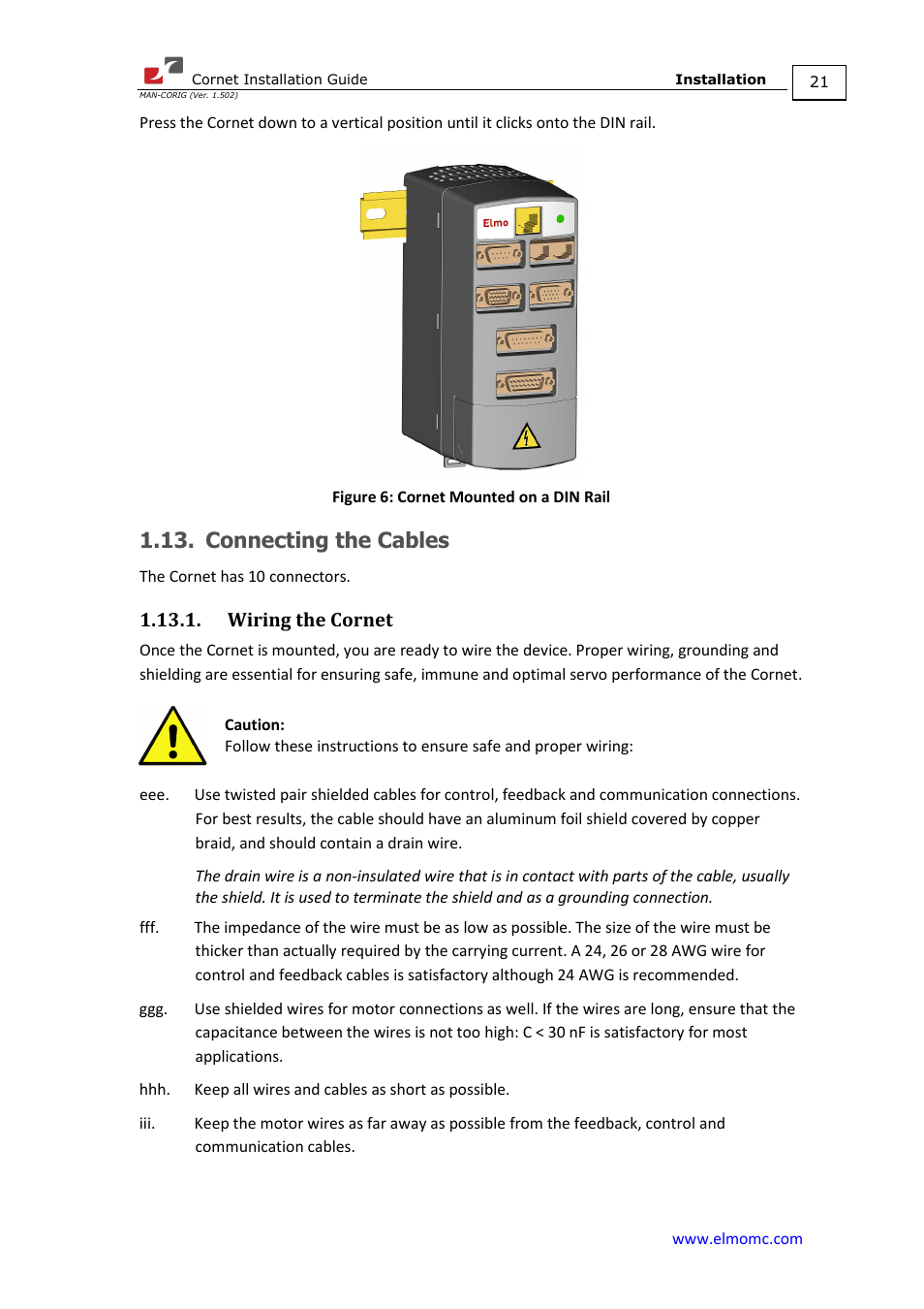 Connecting the cables, Wiring the cornet | ElmoMC AC Input Digital Servo Drives-Bassoon Cable Kit User Manual | Page 21 / 72