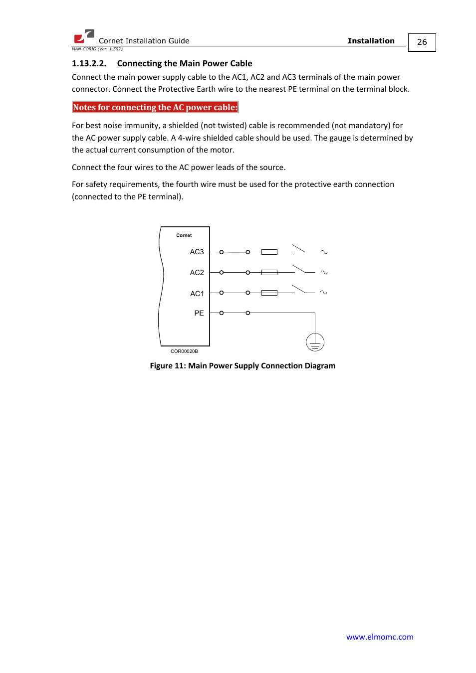Connecting the main power cable | ElmoMC AC Input Digital Servo Drives-Bassoon Cable Kit User Manual | Page 26 / 72