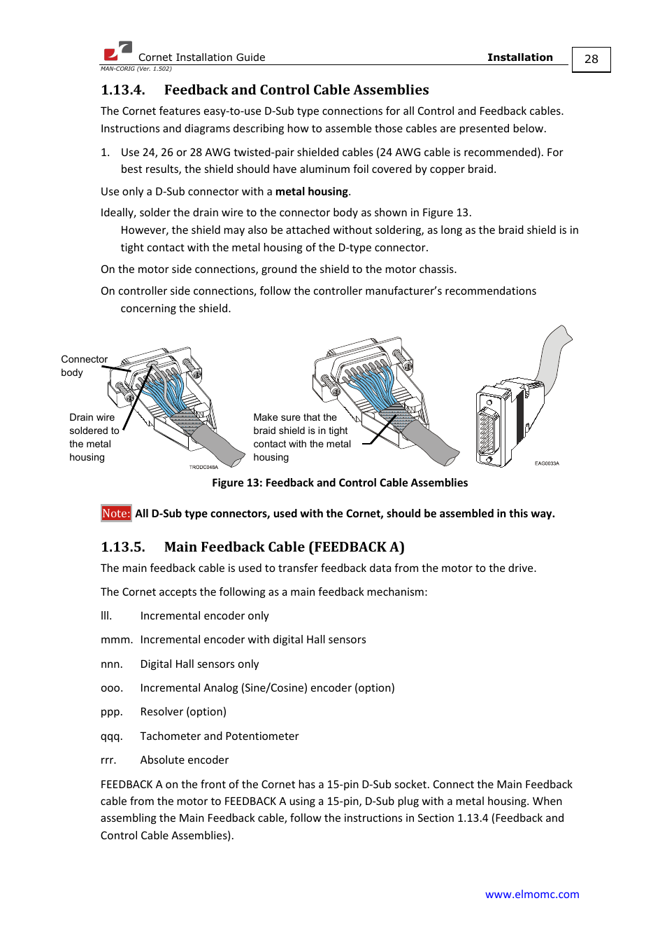 Feedback and control cable assemblies, Main feedback cable (feedback a) | ElmoMC AC Input Digital Servo Drives-Bassoon Cable Kit User Manual | Page 28 / 72
